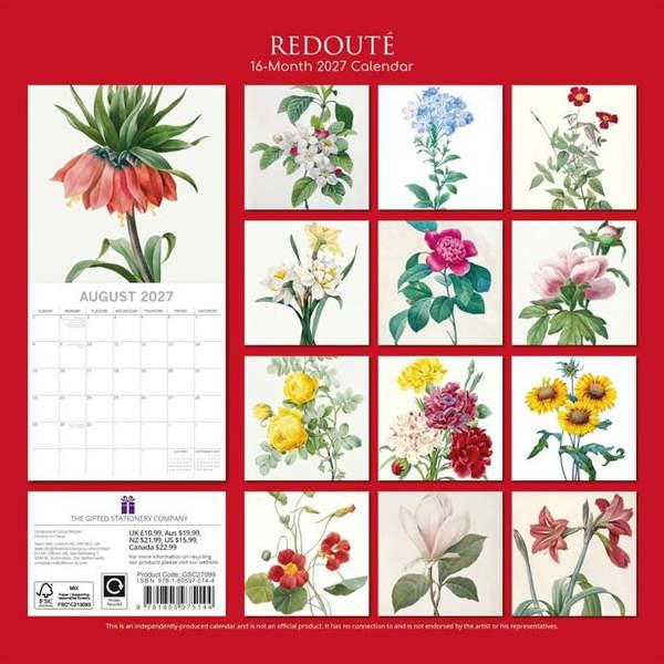 Redoute Calendar 2027, Wall Calendars, Month To View, Art, Gift