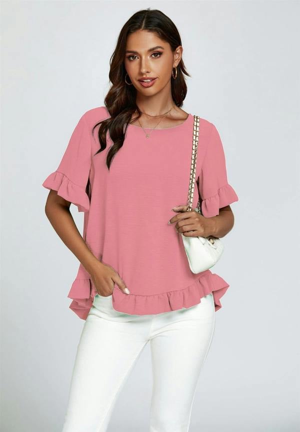 FS Collection Frill Detail Short Sleeves Top In Powder