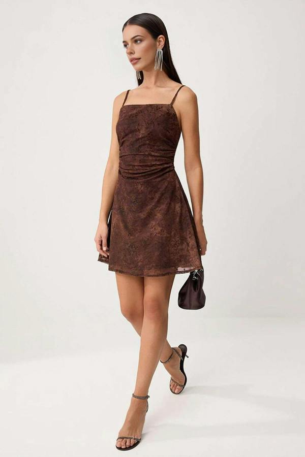 Embossed Tulle Fabric Floral Short Mini Lined Party Dress