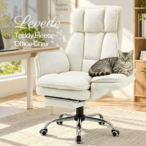 Levede Ergonomic Office Chair Teddy Fabric with Reclining Footrest Gaming White