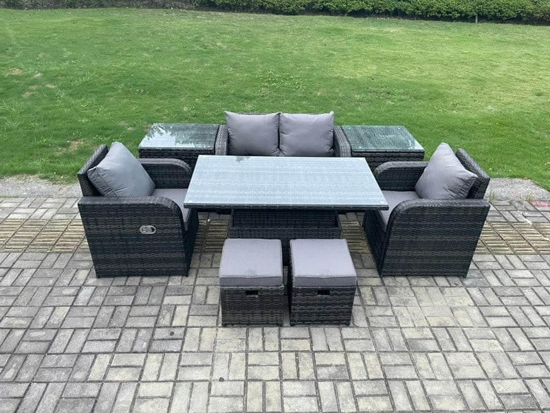 Fimous 6 Seater Rattan Outdoor Furniture Garden Dining Set Patio Height Adjustable Rising lifting Table Love Sofa Chair With 2 Side Tables Stools