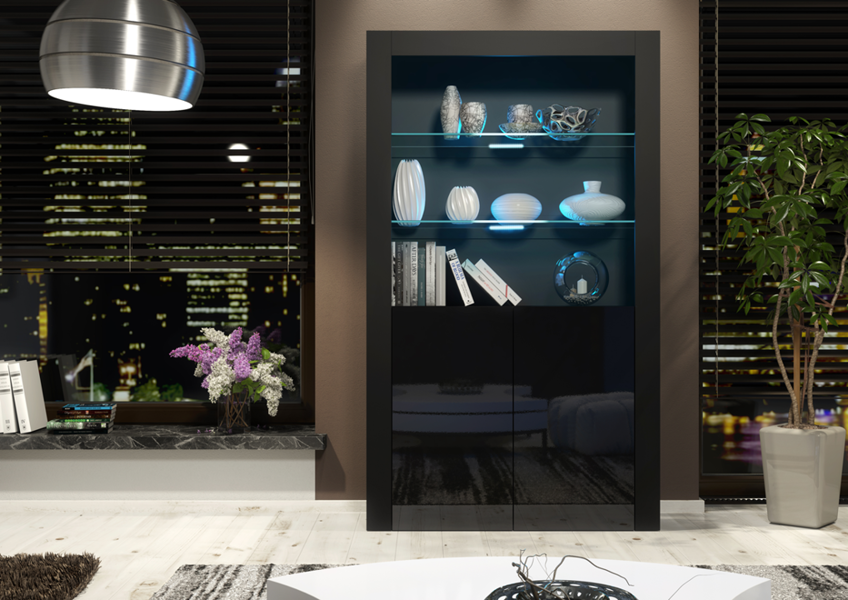 Mex Furniture Premium 170cm Cabinet Sideboard Black High Gloss Doors Display Unit & Free LED Lights