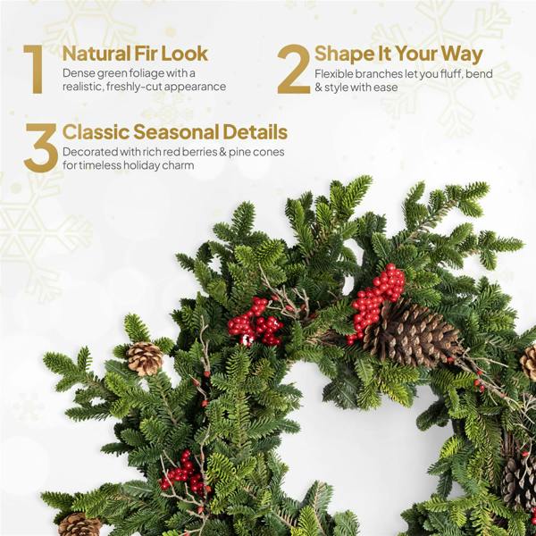 60cm Green Fir Christmas Wreath with Berries and Pine Cones, PE Artificial Door Decoration image 9