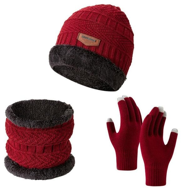 Obasyhig Fleece-Lined Knitted Winter 3-Piece Set - Red - Style 3