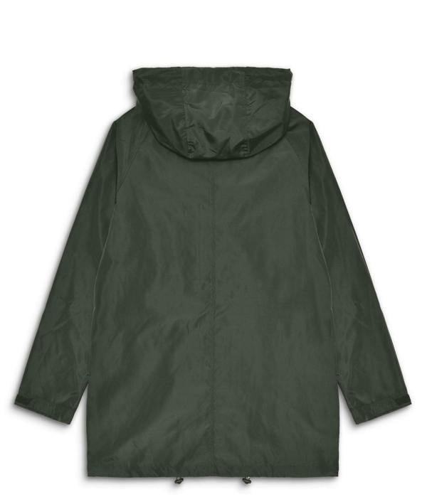 Lambretta Heaton Mens Shower-Resistant Mod Ska Hooded Lightweight Jacket Coat, back view of a dark green, waterproof jacket with a hood, long sleeves, and adjustable hem.