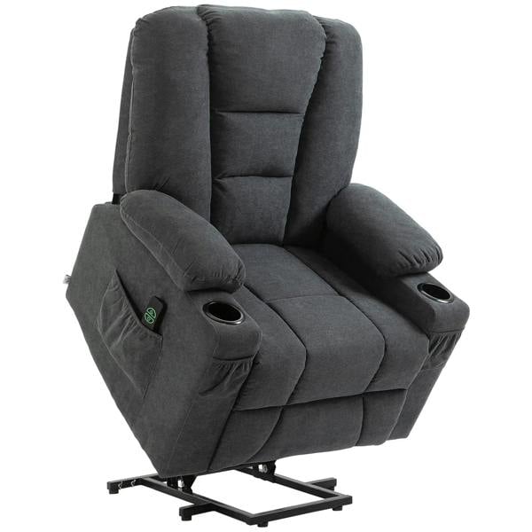 Electric riser recliner armchair, charcoal dark gray fabric with cup holders