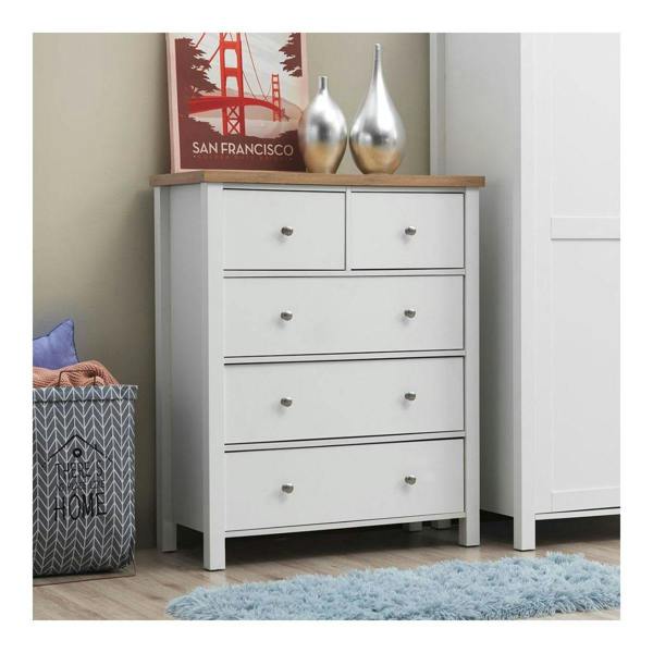 Astbury 3+2 5 Drawer Bedroom Cabinet Chest of Drawers White and Oak