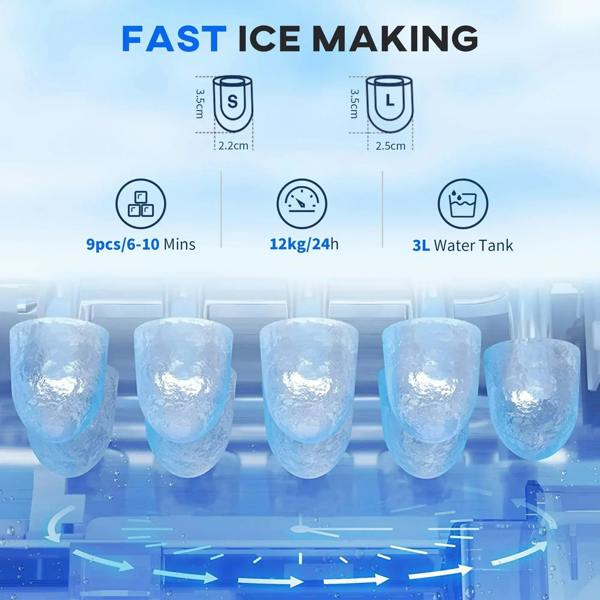 Silver ice maker tray with clear ice cubes lined up