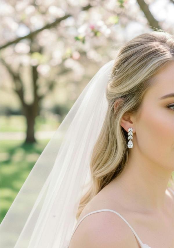 Bride with a veil and silver teardrop  earrings in a garden setting