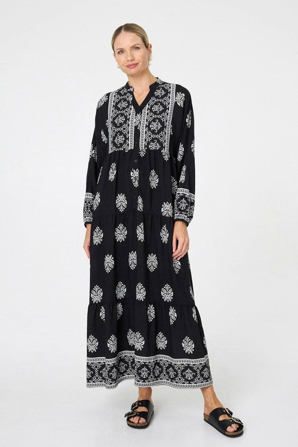Black | Border Print Tier Long Sleeve Maxi Dress
