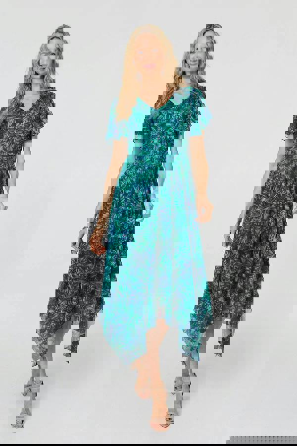 Green | Printed Semi Sheer Hanky Hem Midi Dress