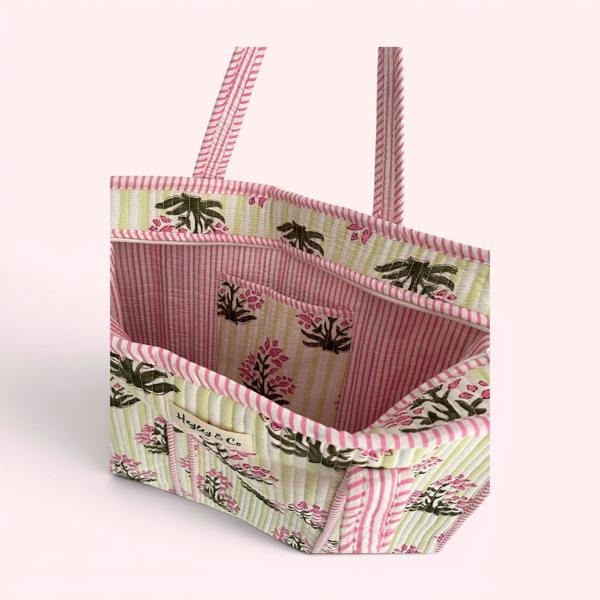Hayley & Co Pink and Green Floral and Stripe Quilted Cotton Tote Bag