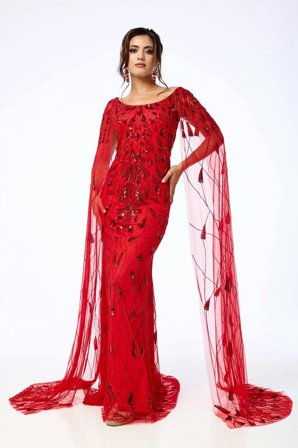 LuvForever Azara - Red Draped Sleeve Sequin Maxi Dress