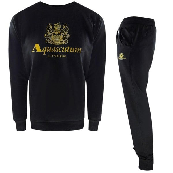 Aquascutum Mens London Logo Crew Neck Tracksuit Set - Black
