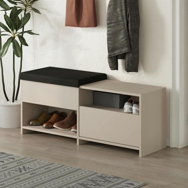 Decortie Modern Filux Shoe Bench Rack Sliding Fabric Seat and 120.3(W) Storage Cabinet 2-Tier Open Shelves Hallway
