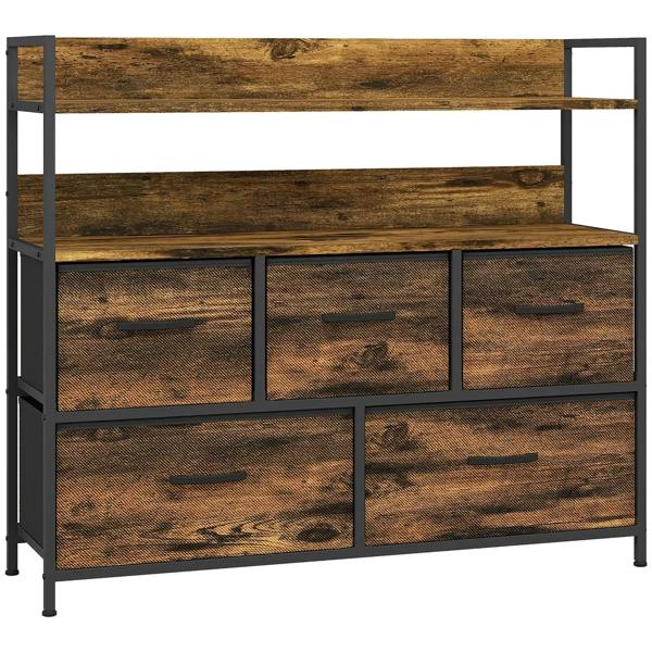 Rustic storage chest with five fabric drawers and open shelving top, dark metal frame