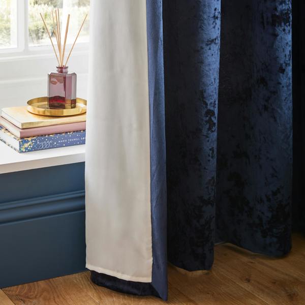 Catherine Lansfield Crushed Velvet Lined Eyelet Curtains Navy Blue