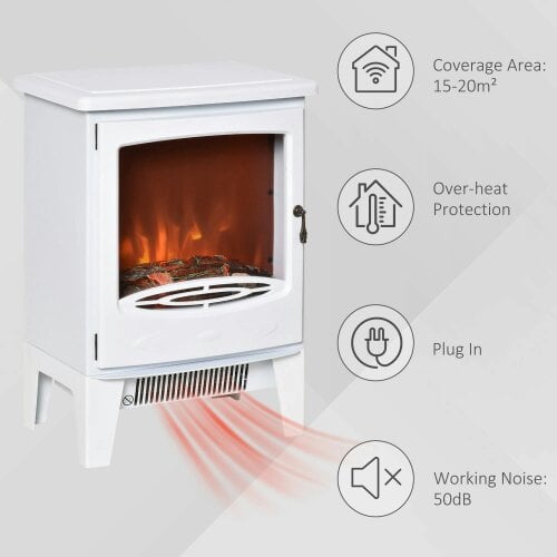 Bobobiy Electric Fireplace Stove, Freestanding Fireplace Heater with Realistic LED Flame Effect and Adjustable Brightness, 900W/1800W, White