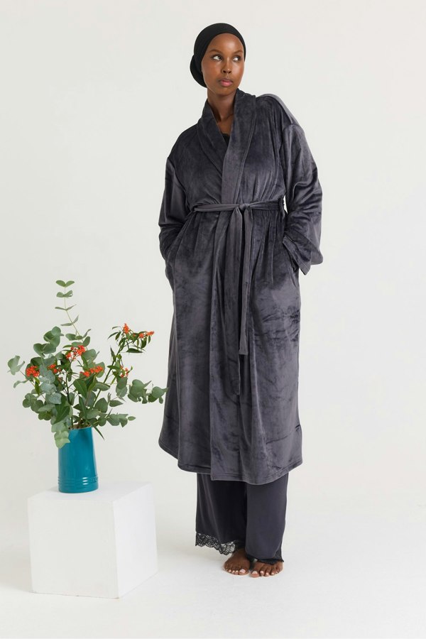 Velour Longline Dressing Gown in Raven - Robes