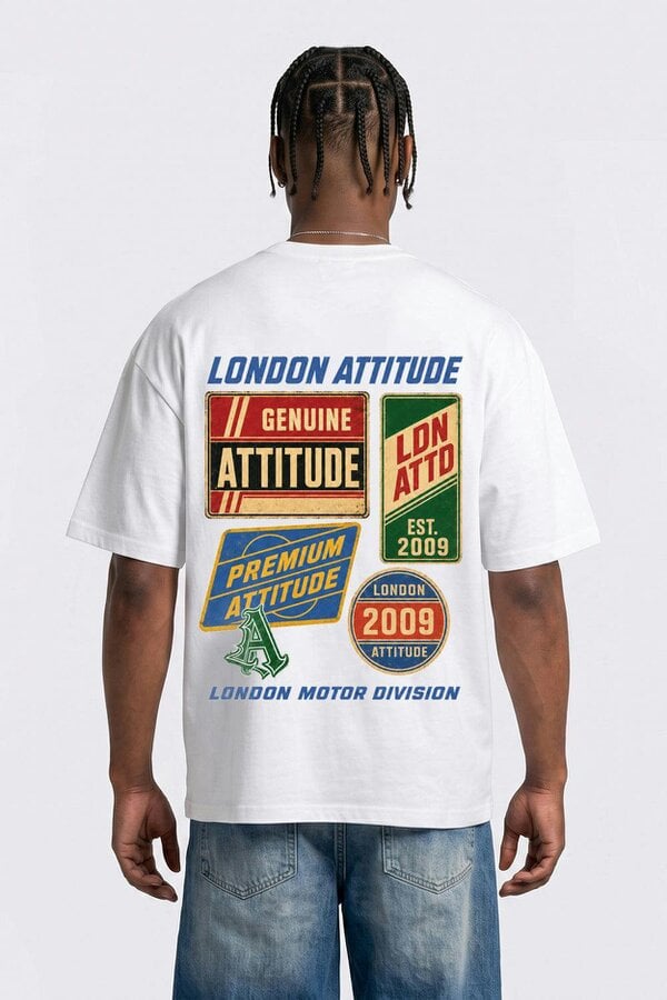 London Attitude Oversized  Vintage Motorsport Back Print T-Shirt - White