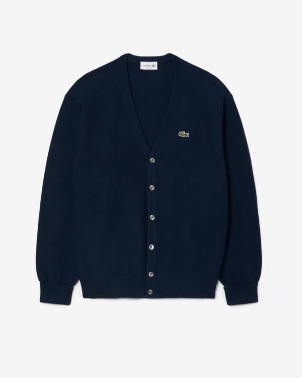 Lacoste Mens V - Neck Cotton Knit Cardigan - Blue Marine 166 | CHO | Designer Mens Cardigans