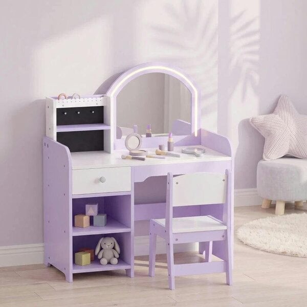 Kids Vanity Set, Kids Dressing Table with Stool, 2-Colour Lights Mirror, Pretend Dresser Gift for Ages 3-8, Purple