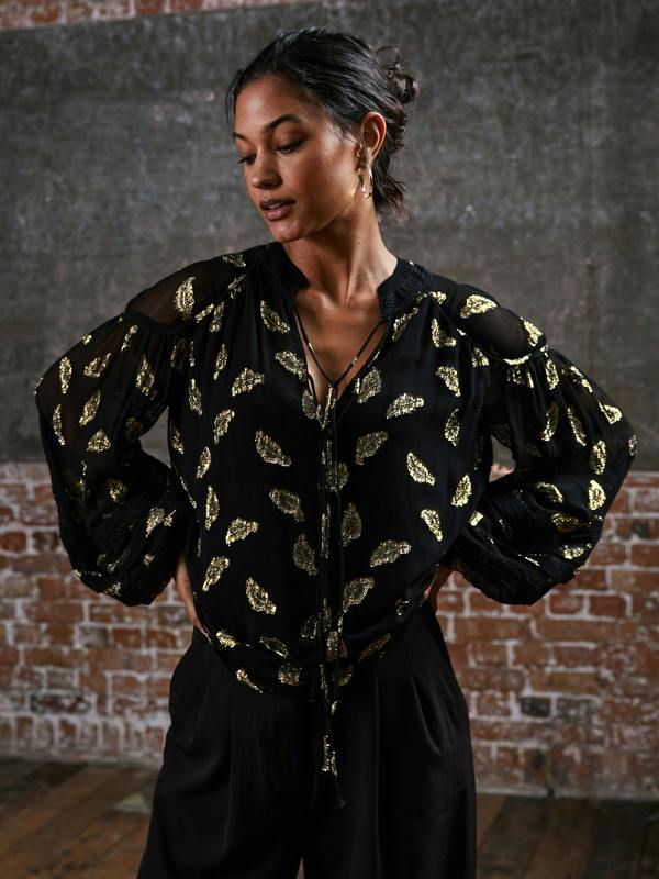 Rose & Nancy Wren Gold Feather Blouse