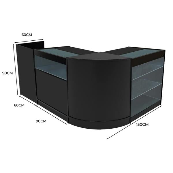 Polaris LED Shop Counter Set in sleek black, featuring curved edges, glass shelves, and dimensions of 150cm x 90cm x 60cm