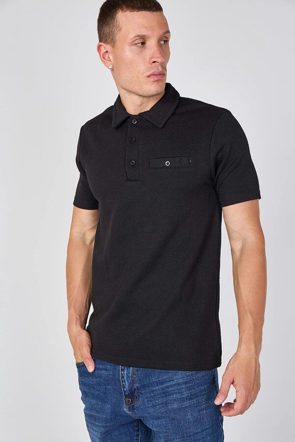 Textured Short Sleeve Polo Shirt - Black