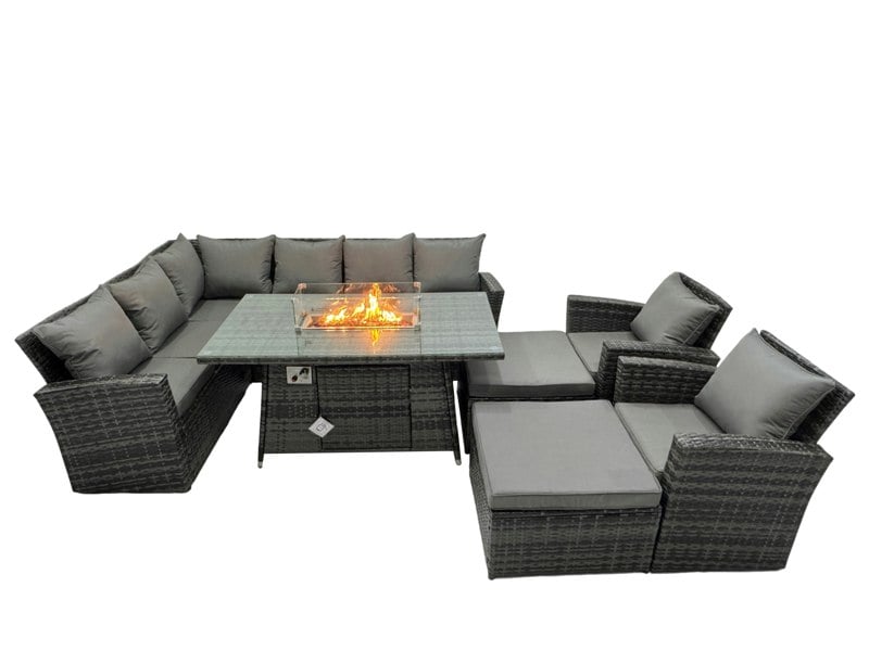 Fimous Poly Rattan Outdoor Patio Gas Fire Pit Dining Table Corner Sofa Set with 2 Big Stools 2 Chairs for Garden Backyard Dark Grey Mixed