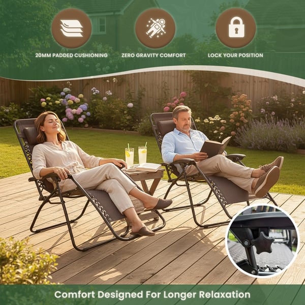 Padded Garden Anti Gravity Recliner Chairs Brown (Set of 2)