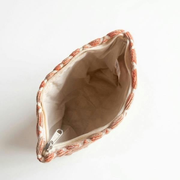 Open rose lattice toiletry pouch showing beige lining and zipper closure.
