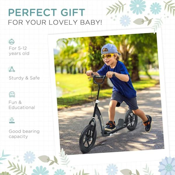 Black kids kick scooter with child rider, deck and rear wheel visible