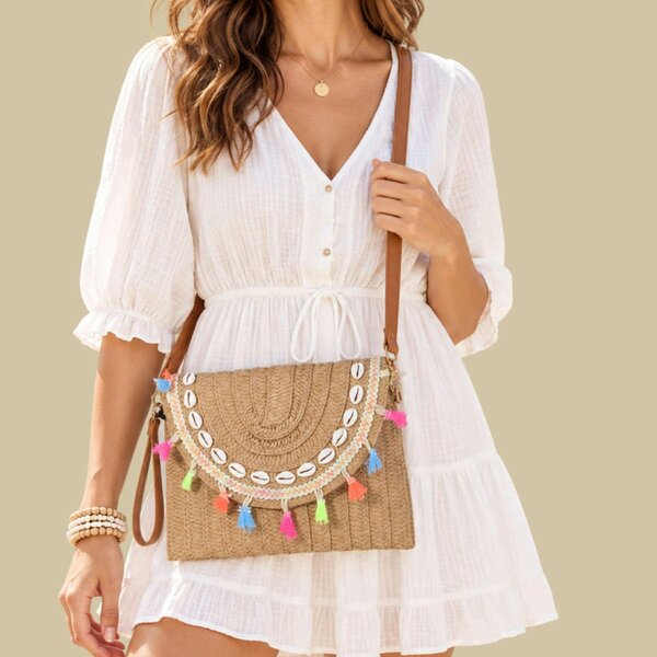 Love EMVY Straw Clutch Crossbody Bag with Shell Detail