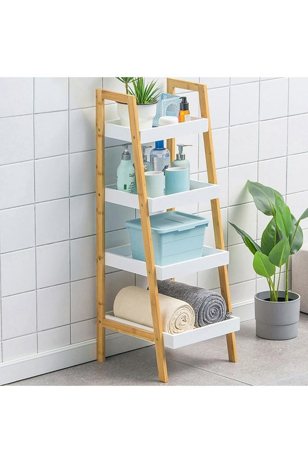 Living and Home 4 Tiers Ladder Shelf Storage Organizer Wooden Freestanding Bookshelf Bathroom Storage Rack