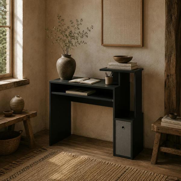 Wyld Haus Noelni 100cm Wooden Black Home Office Desk With Sliding Keyboard Tray Drawer And Shelving