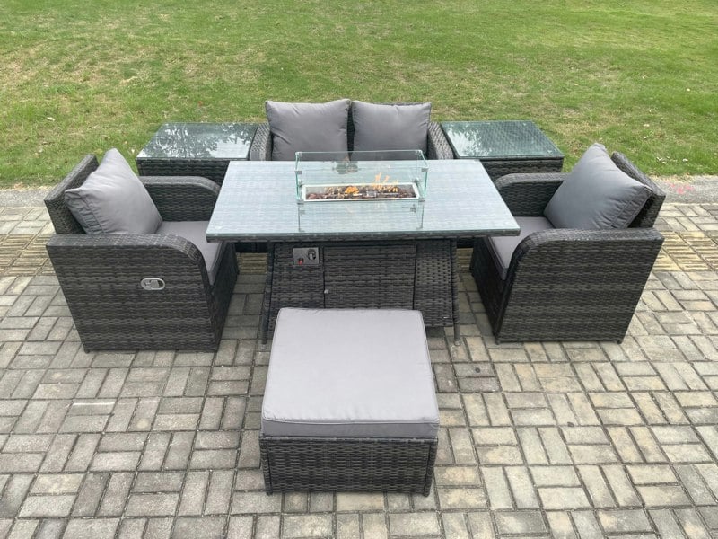 Fimous Rattan Garden Furniture Set Outdoor Patio Gas Fire Pit Dining Table and Chairs with 2 Side Tables Love seat Sofa Footstool