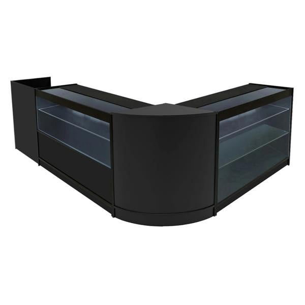 Vega LED Shop Counter Set in black features sleek curved design, glass display shelves, and modern LED lighting for retail spaces