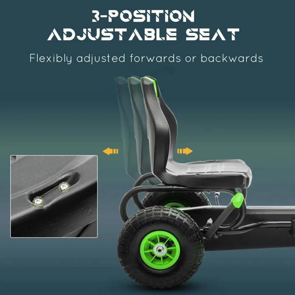 Kids pedal go-kart with adjustable seat, black frame and green tire rims.