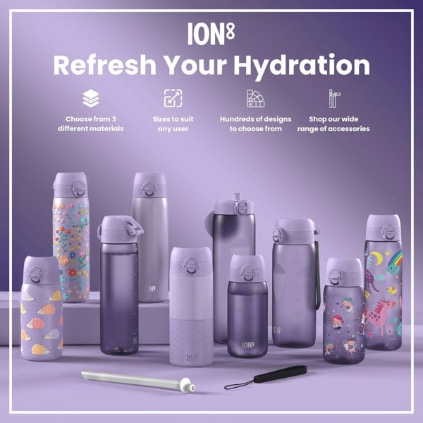 Several purple water bottles, various sizes and designs, are displayed on a purple surface; accessories are shown nearby. ION8 branding is visible. Choose from 3 different materials, sizes to suit any user, hundreds of designs, and shop our wide range of accessories.