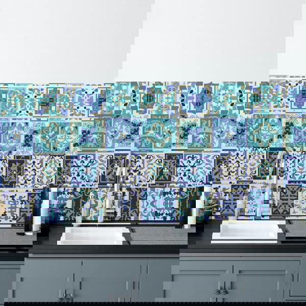 WALPLUS WT1567 - Daliah Blue and Turquoise Mediterranean Wall Tile Sticker Set - 15 cm x 15 cm - 24 pcs