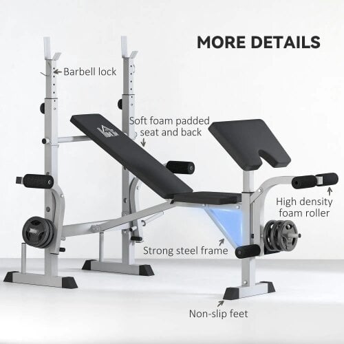 Bobobiy Adjustable Weight Bench with Squat Rack, Heavy Duty Bench Press Rack with Preacher Curl Pad, Grey