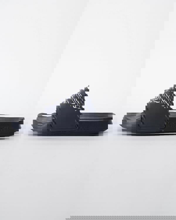 side of Emporio Armani Mens PVC Pool Slides with Eagle Logo in Blue and Whisper White