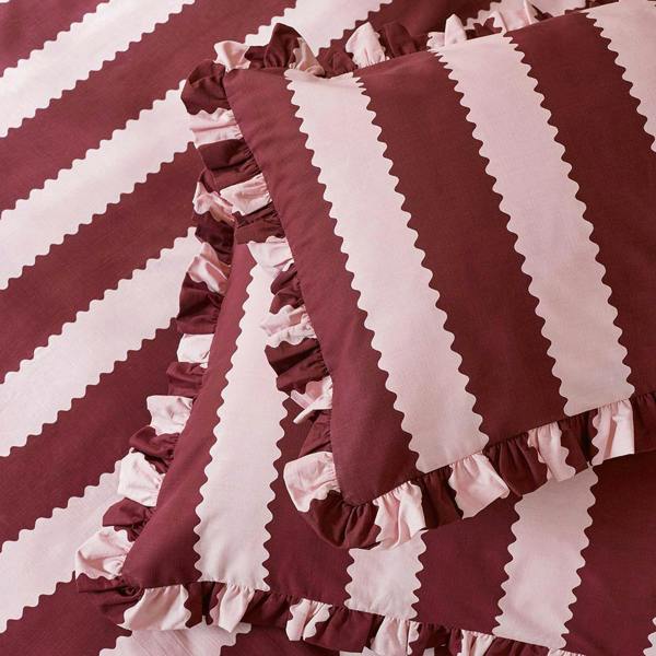 Wylder Birdie Ruffles Striped Pillowcase - Burgundy/Bloom - 