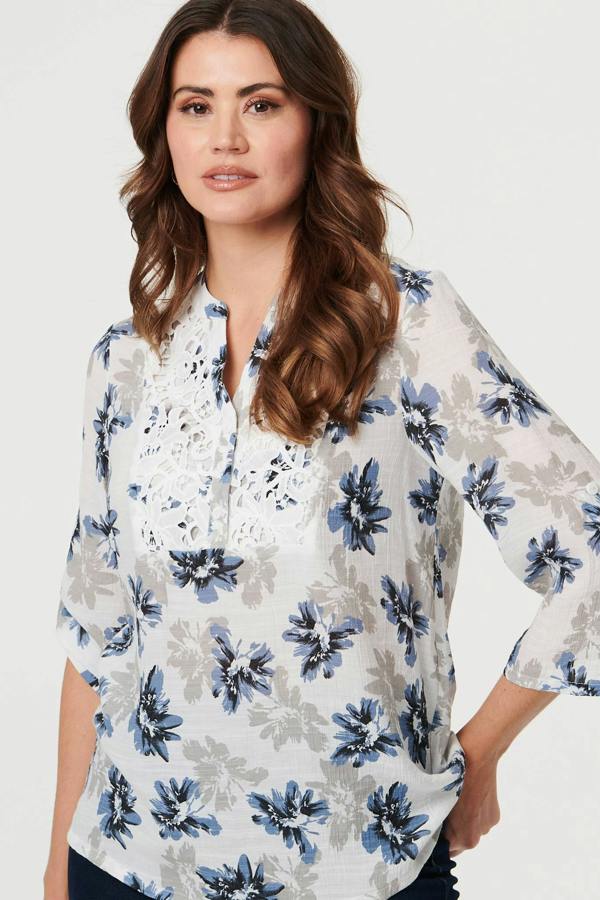 Blue | Floral Lace Trim 3/4 Sleeve Blouse
