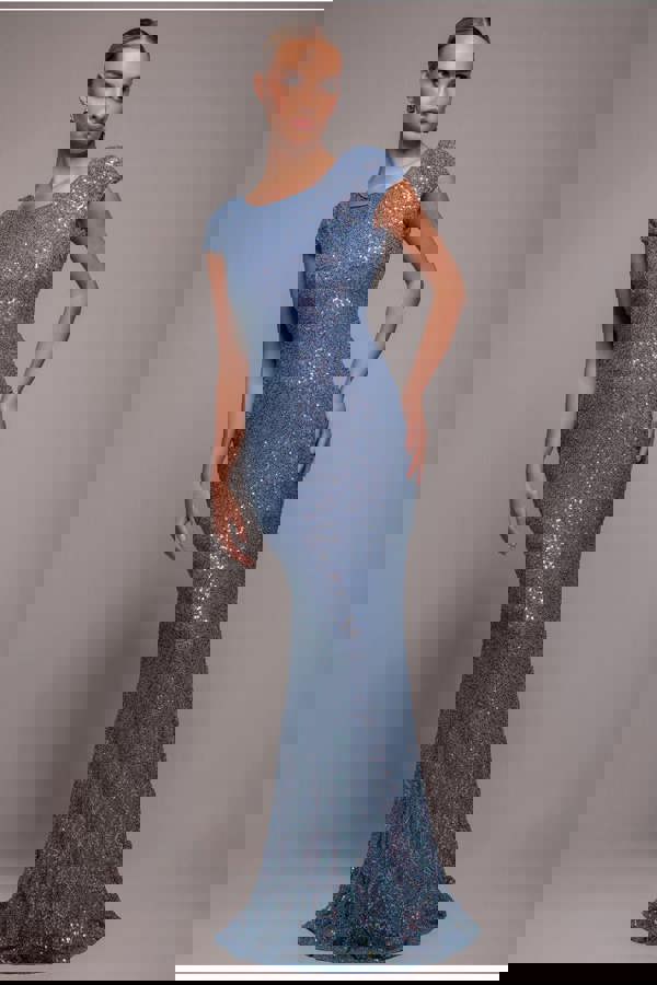 Cowl Back Sequin Maxi Dress - Blue DR3191