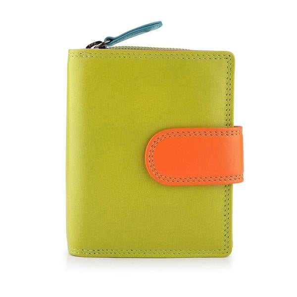Green wallet with a orange strap on a white background