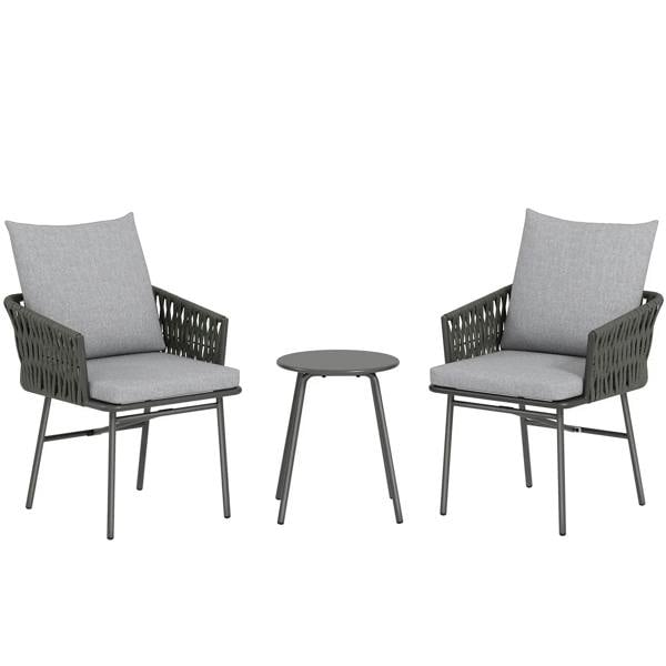 Grey rattan bistro set with two chairs and round table, light grey seat cushions