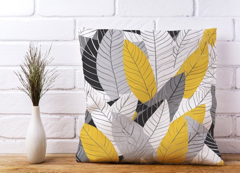 Warren Reed Yellow Grey Feather Leaves Cushions