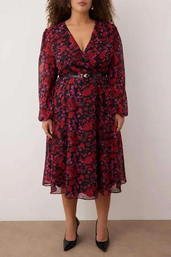 WOVCOR Belted A-Line Midi Wrap Neckline Patterned Chiffon Woven Dress